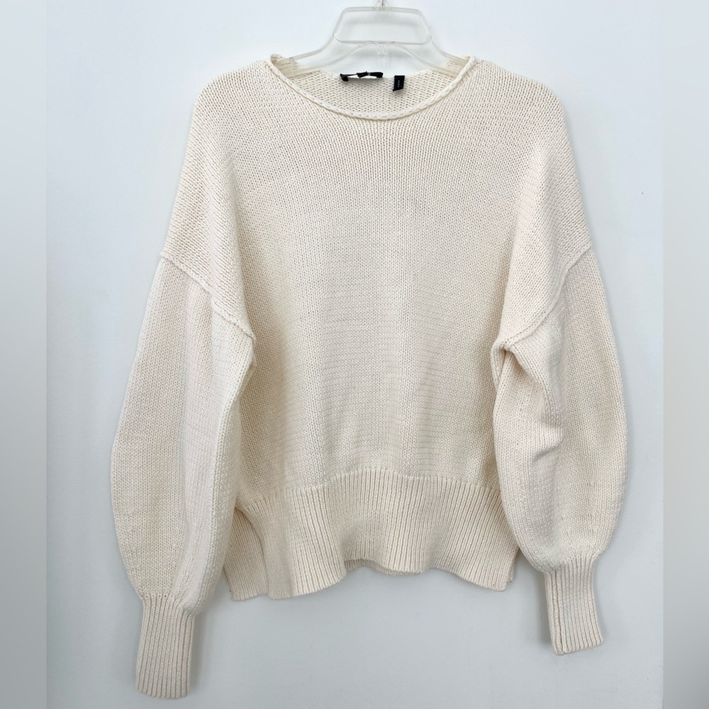 Theory Oversized Cream White Cotton Knit Sweater with Puff Sleeves, Petite